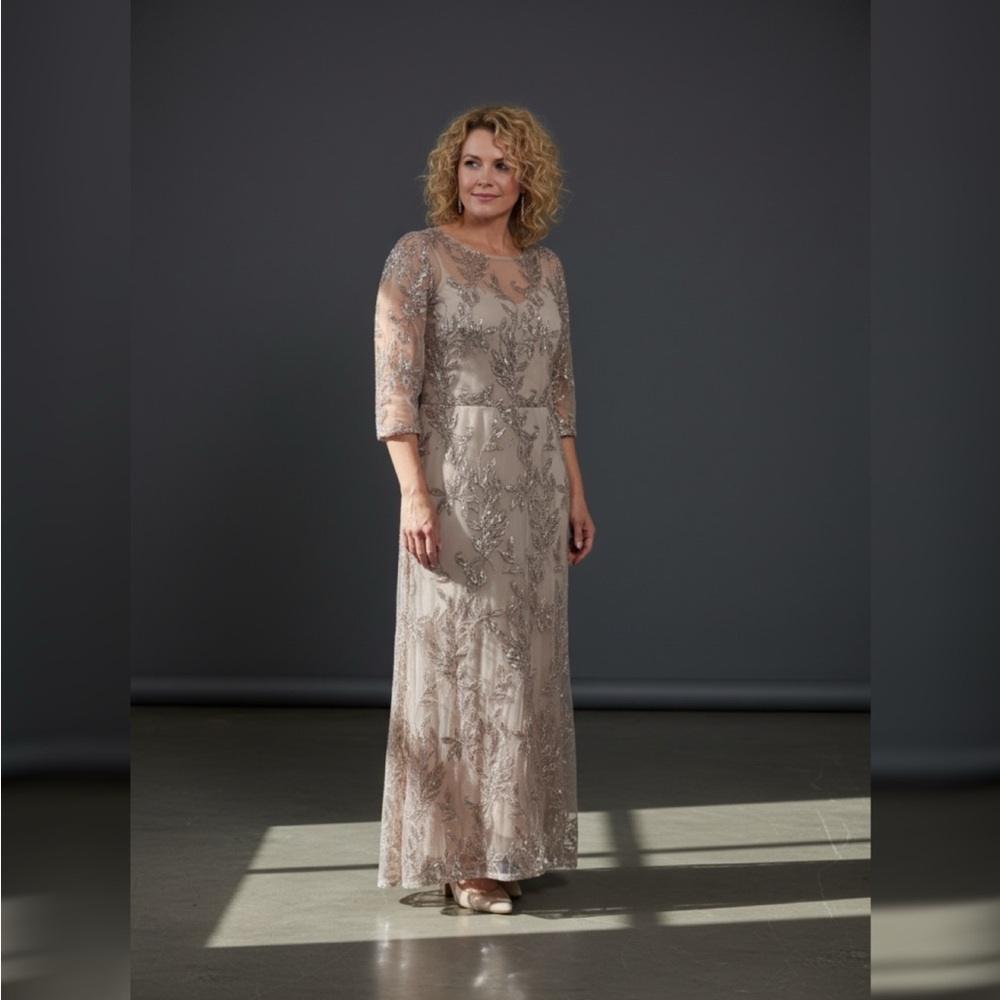 R&M Richards Champagne Embellished Lace Evening Gown